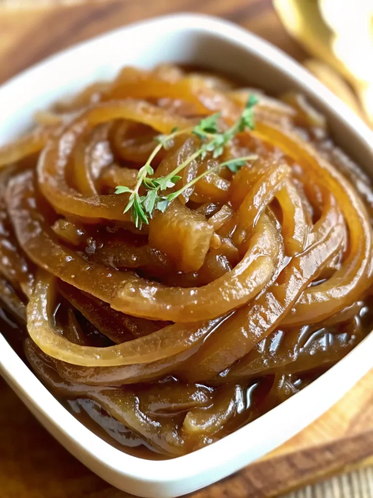 Caramelized onions served with fresh thyme on a white plate, showcasing their glossy texture and deep brown color.