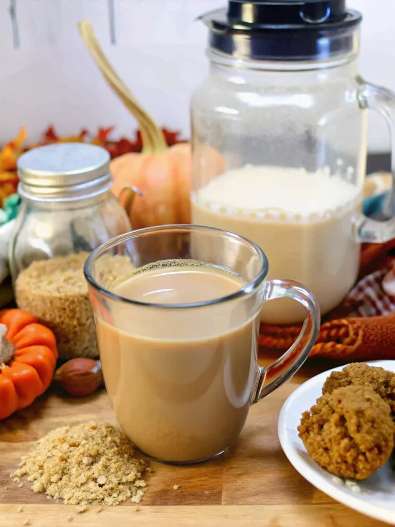 Homemade pumpkin coffee creamer in mason jar with fresh coffee cup and orange pumpkin on kitchen counter