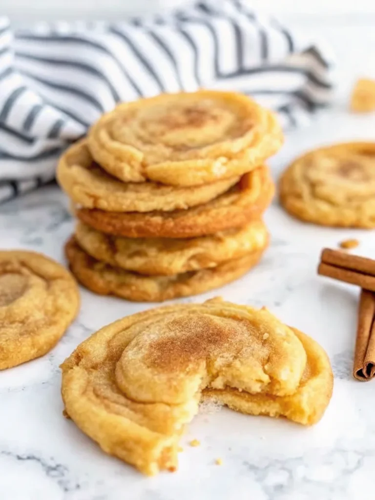 Golden pumpkin snickerdoodle cookies arranged on marble surface with cinnamon sticks - soft chewy fall cookies with pumpkin spice coating