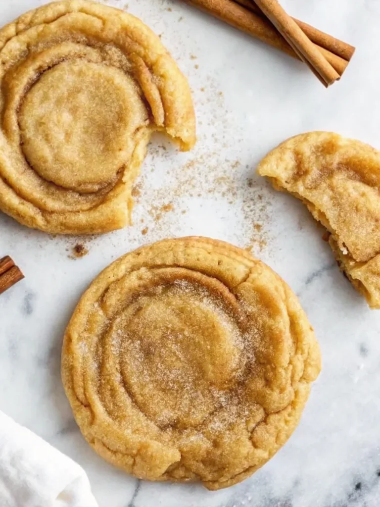 Golden pumpkin snickerdoodle cookies arranged on marble surface with cinnamon sticks - soft chewy fall cookies with pumpkin spice coating