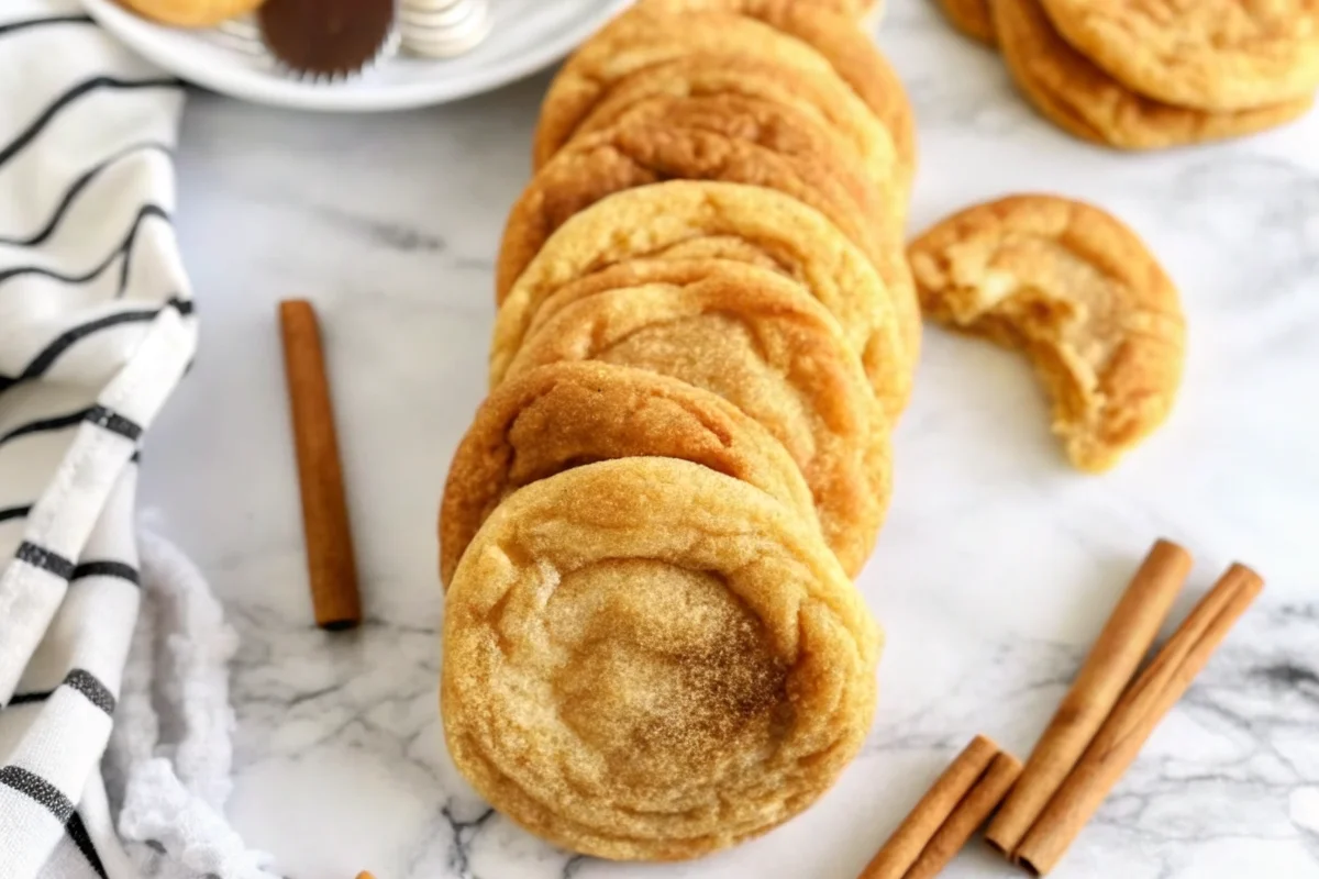 Golden pumpkin snickerdoodle cookies arranged on marble surface with cinnamon sticks - soft chewy fall cookies with pumpkin spice coating