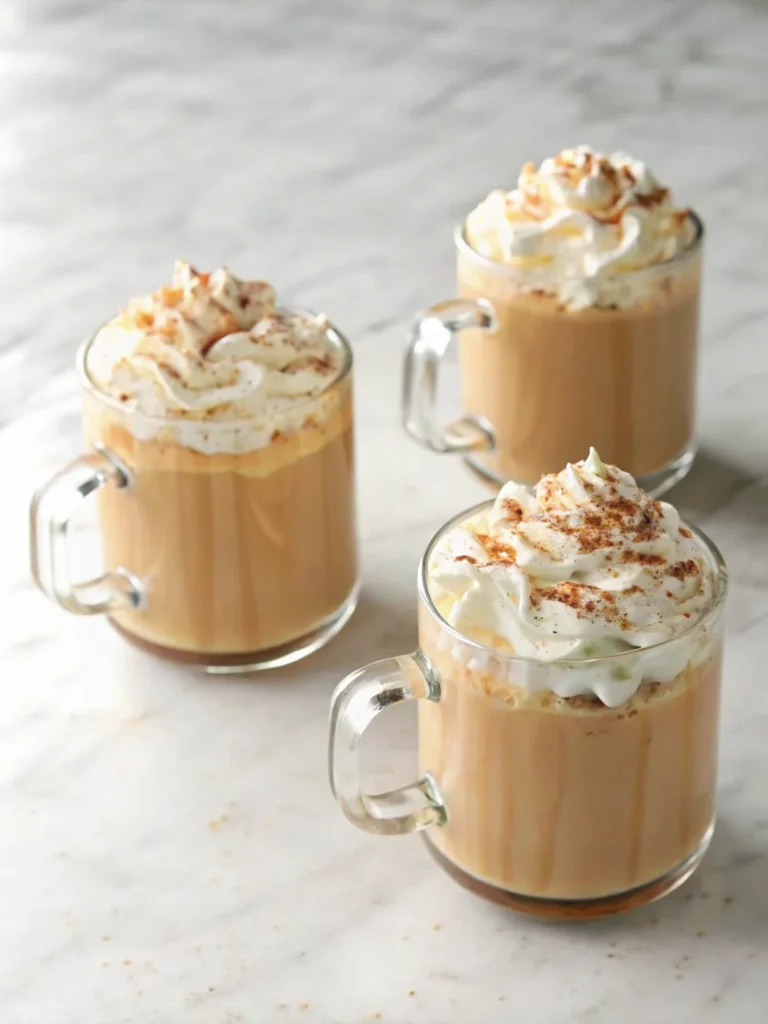 Homemade pumpkin spice latte recipe with whipped cream topping and cinnamon sticks garnish in clear glass mug