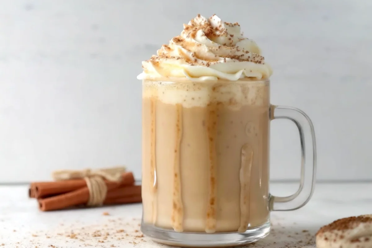 Homemade pumpkin spice latte recipe with whipped cream topping and cinnamon sticks garnish in clear glass mug