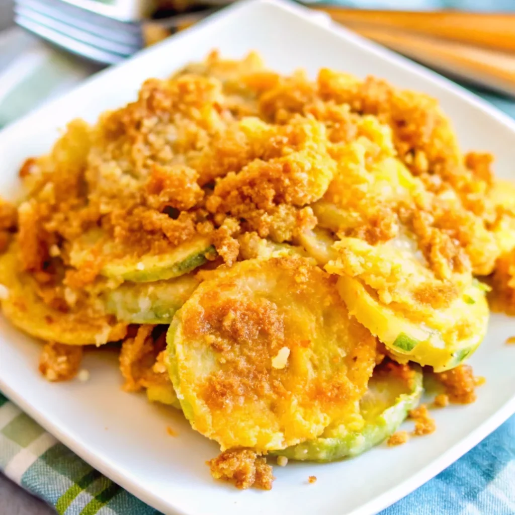 Homemade squash casserole with golden crushed Ritz crackers on top, showing creamy yellow squash filling underneath