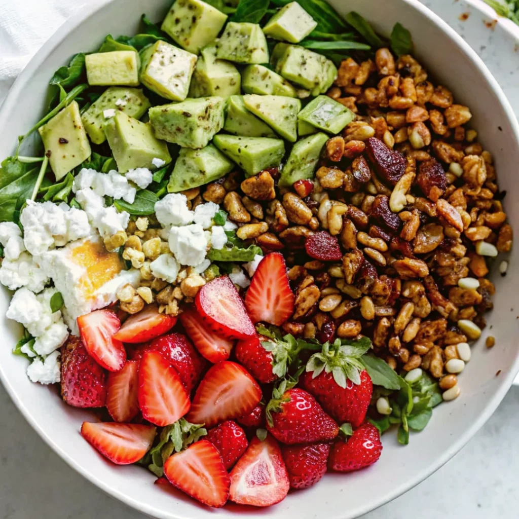 A vibrant strawberry crunch salad for summer eating featuring fresh strawberries, avocado, arugula, goat cheese, candied nuts, seeds, and a tangy champagne vinaigrette, all artfully arranged in a white bowl.