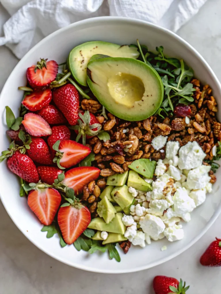 A vibrant strawberry crunch salad for summer eating featuring fresh strawberries, avocado, arugula, goat cheese, candied nuts, seeds, and a tangy champagne vinaigrette, all artfully arranged in a white bowl.