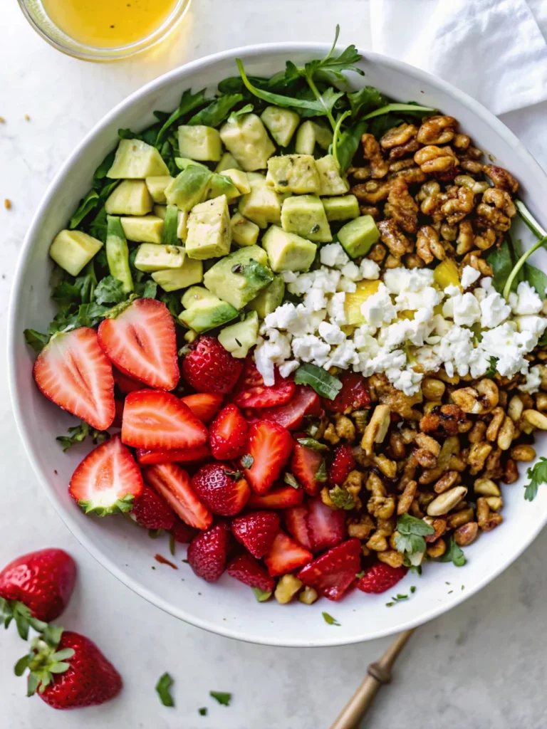 A vibrant strawberry crunch salad for summer eating featuring fresh strawberries, avocado, arugula, goat cheese, candied nuts, seeds, and a tangy champagne vinaigrette, all artfully arranged in a white bowl.