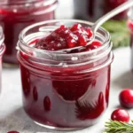 Close-up view of sweet christmas jam in a clear glass jar, with a spoon lifting thick, ruby-red cranberry jam; fresh cranberries and evergreen sprigs scattered around.