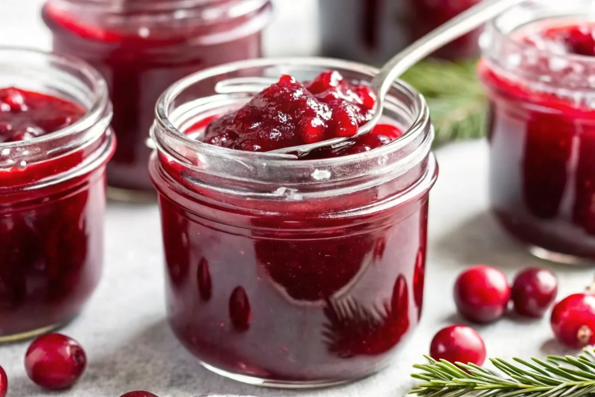 Close-up view of sweet christmas jam in a clear glass jar, with a spoon lifting thick, ruby-red cranberry jam; fresh cranberries and evergreen sprigs scattered around.