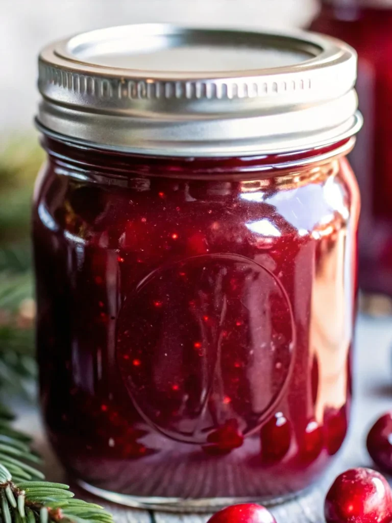  Close-up view of sweet christmas jam in a clear glass jar, with a spoon lifting thick, ruby-red cranberry jam; fresh cranberries and evergreen sprigs scattered around.