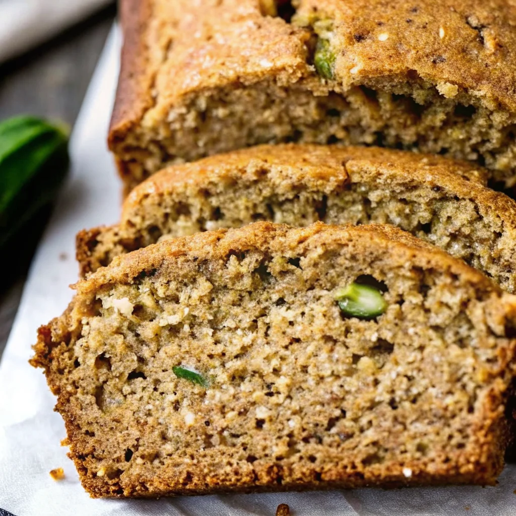 Moist and easy zucchini bread slices on parchment, showing a tender crumb and flecks of fresh zucchini.