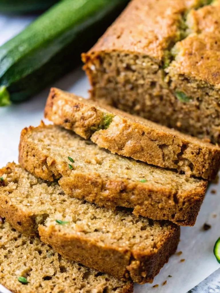 Moist and easy zucchini bread slices on parchment, showing a tender crumb and flecks of fresh zucchini.