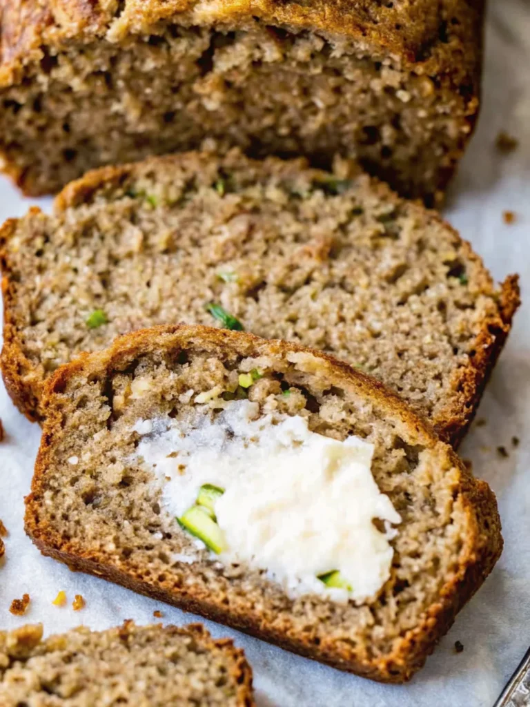 Moist and easy zucchini bread slices on parchment, showing a tender crumb and flecks of fresh zucchini.