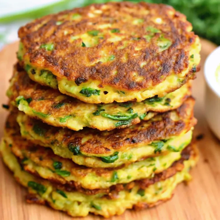 Stack of golden, crispy zucchini fritters with fresh herbs, showcasing their crunchy texture and vibrant green flecks.