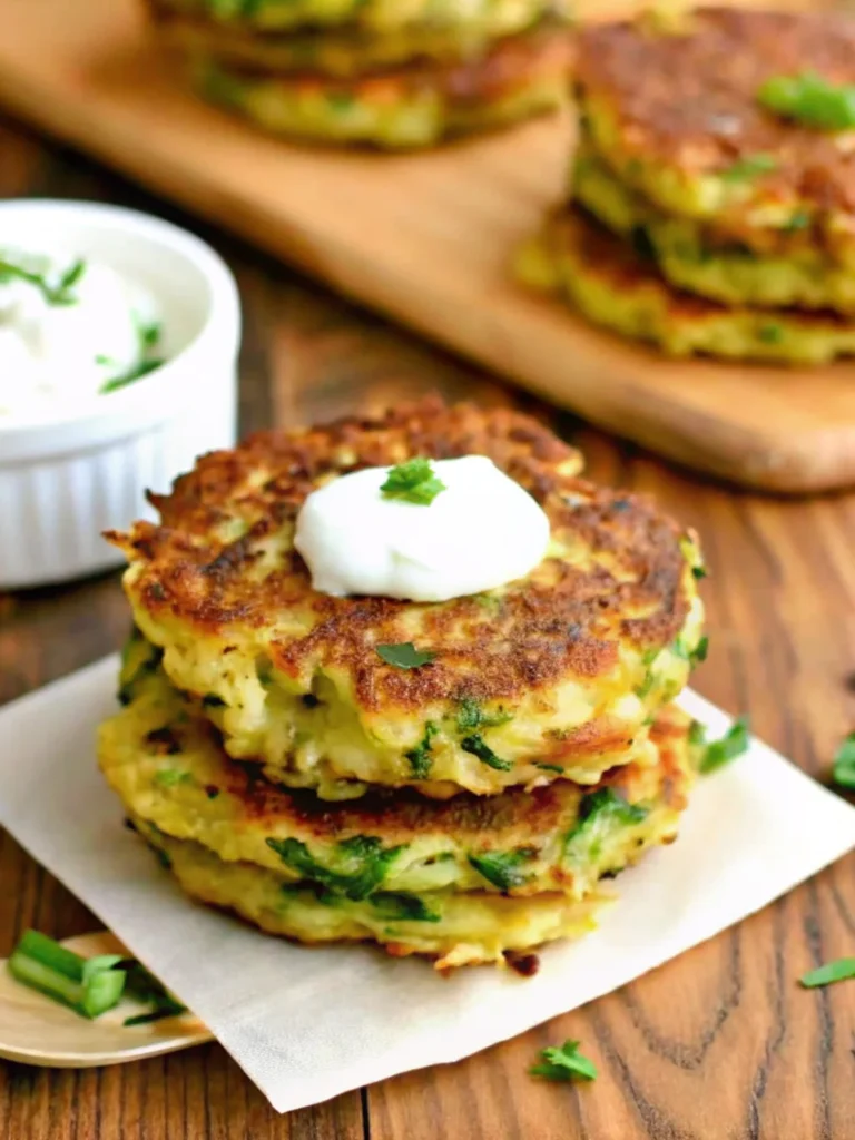 Stack of golden, crispy zucchini fritters with fresh herbs, showcasing their crunchy texture and vibrant green flecks.