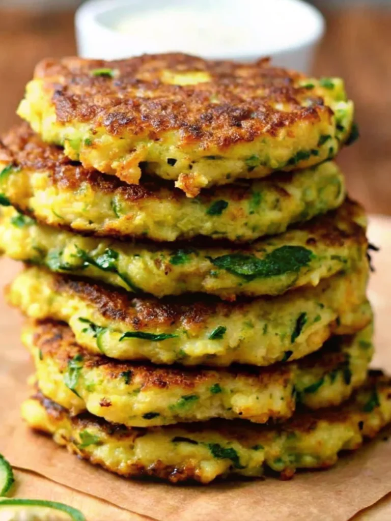 Stack of golden, crispy zucchini fritters with fresh herbs, showcasing their crunchy texture and vibrant green flecks.