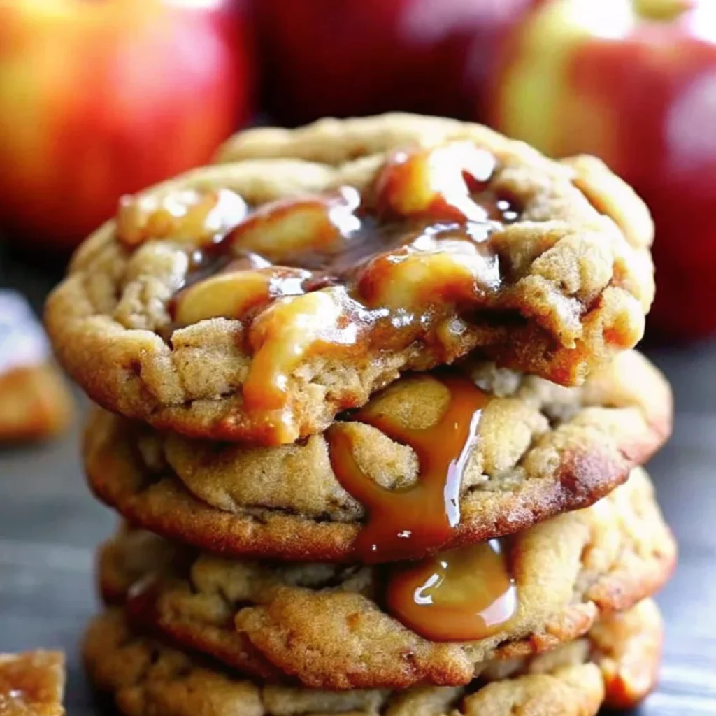 A stack of chewy caramel apple cookies with chunks of apple and gooey caramel drizzle, showcasing golden-brown edges and a soft, bakery-style texture.