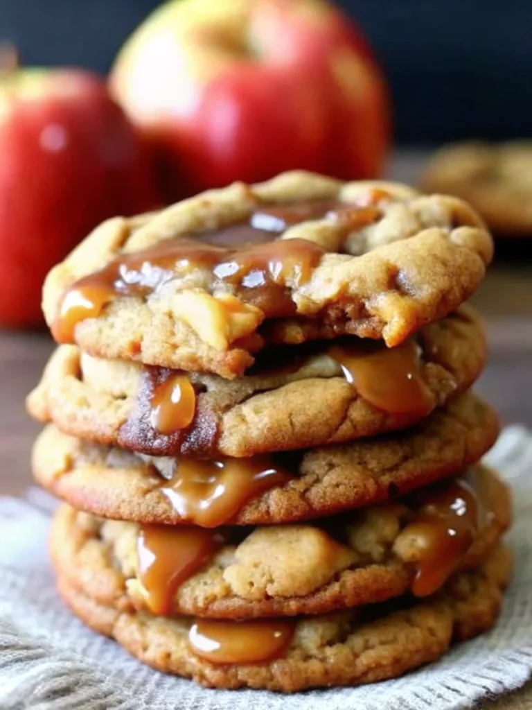 A stack of chewy caramel apple cookies with chunks of apple and gooey caramel drizzle, showcasing golden-brown edges and a soft, bakery-style texture.