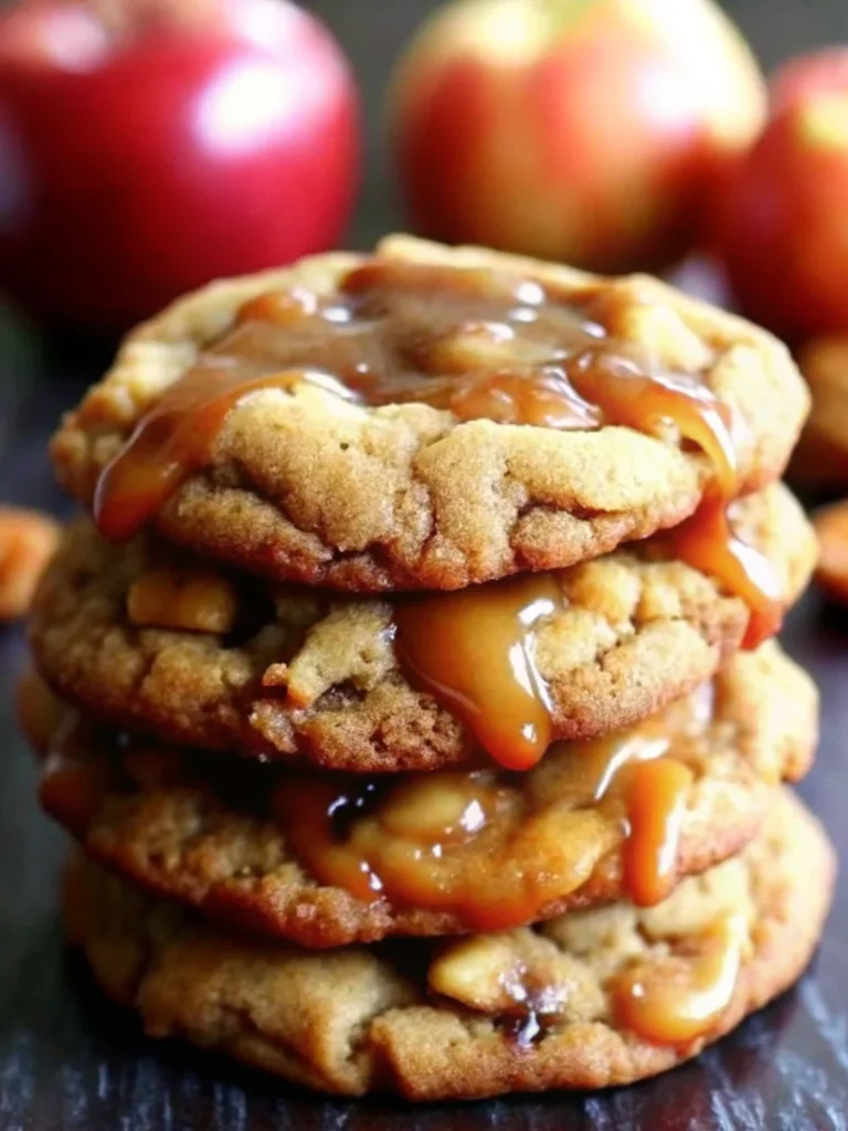 A stack of chewy caramel apple cookies with chunks of apple and gooey caramel drizzle, showcasing golden-brown edges and a soft, bakery-style texture.