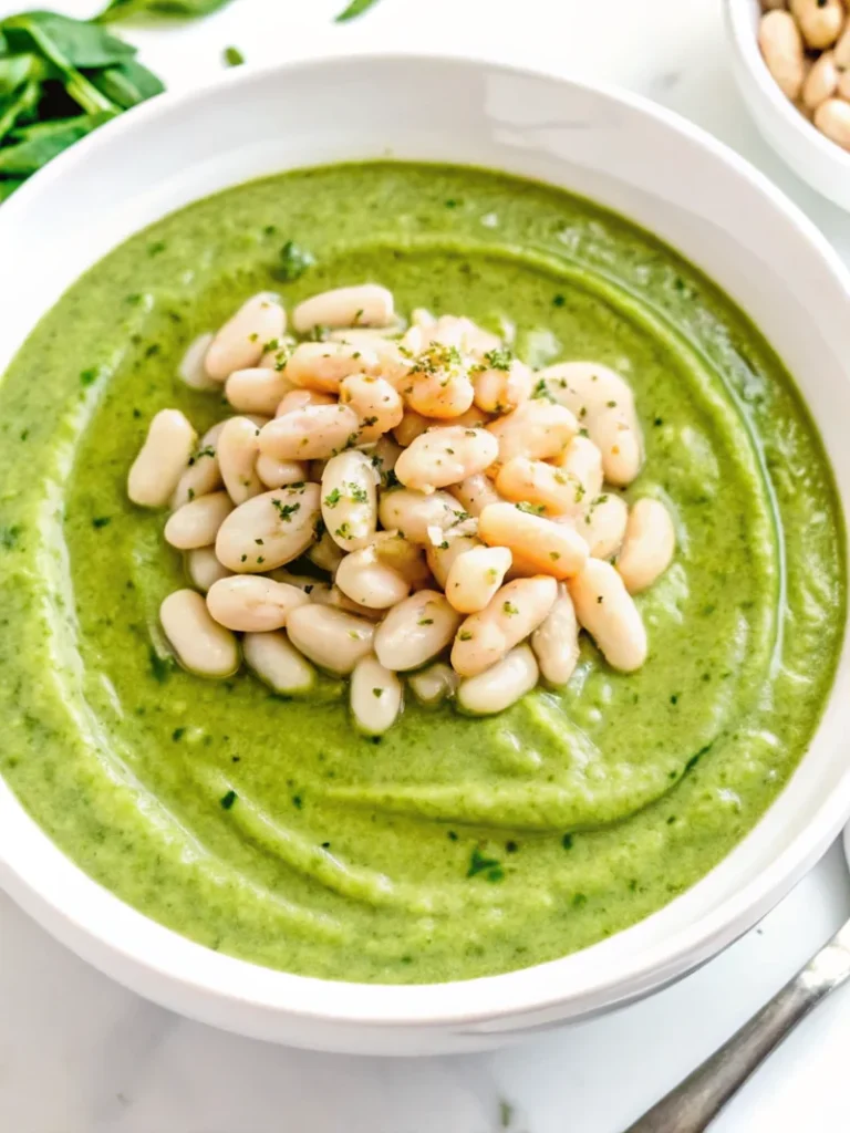 Creamy zucchini soup recipe with white beans garnish in bowl, healthy vegetable soup with herbs