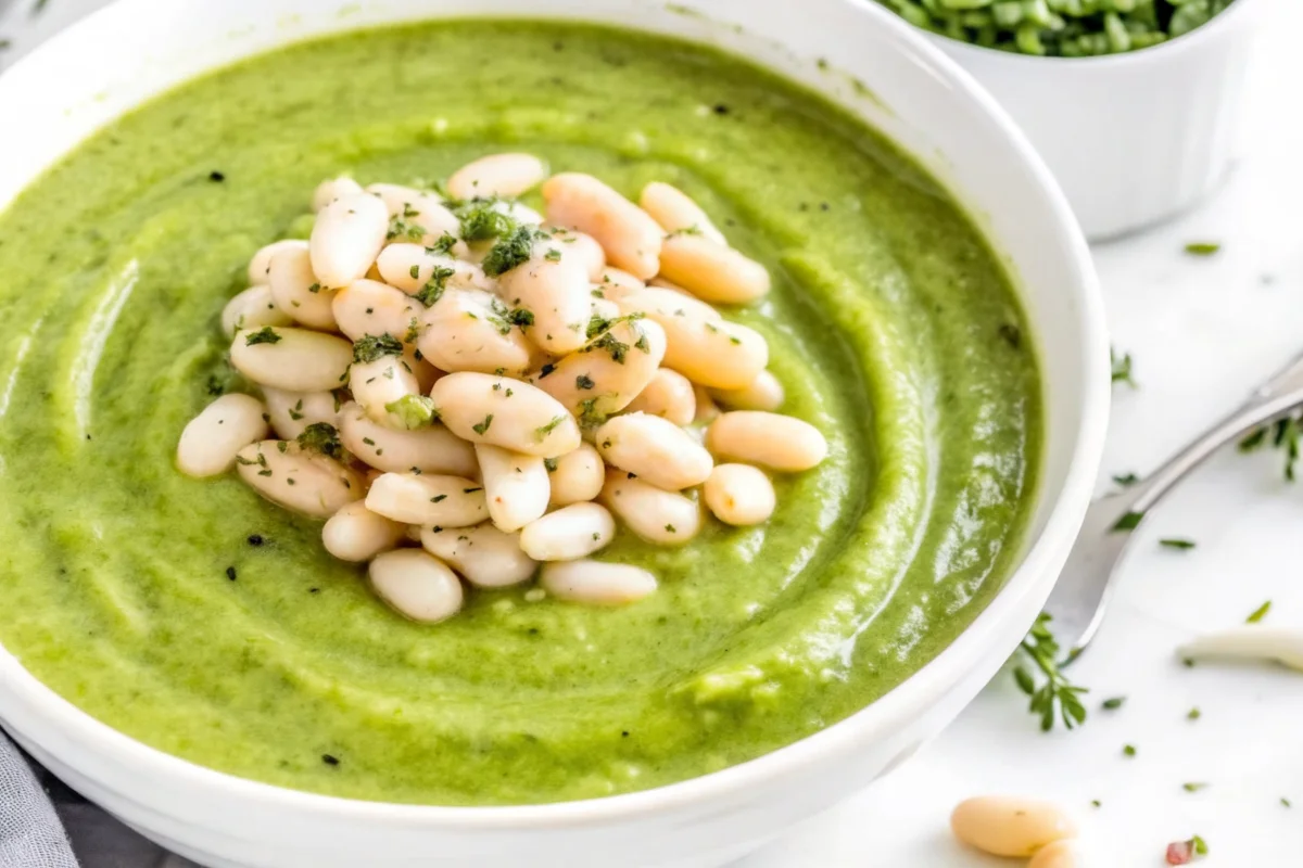 Creamy zucchini soup recipe with white beans garnish in bowl, healthy vegetable soup with herbs