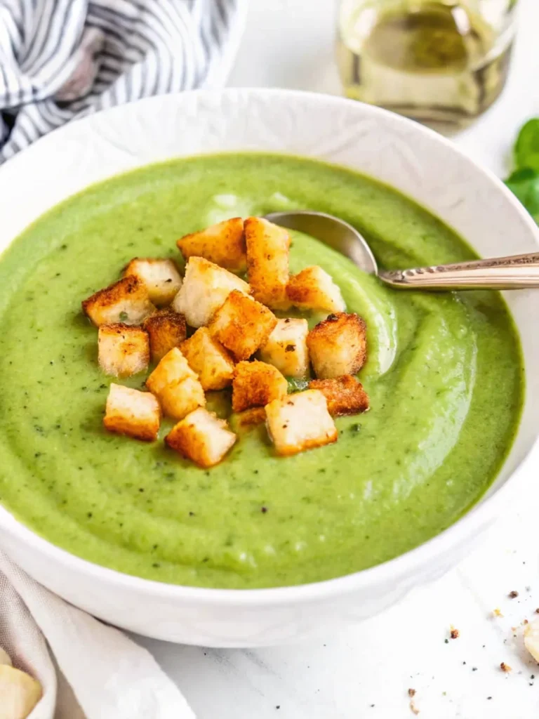 Creamy zucchini soup recipe with white beans garnish in bowl, healthy vegetable soup with herbs