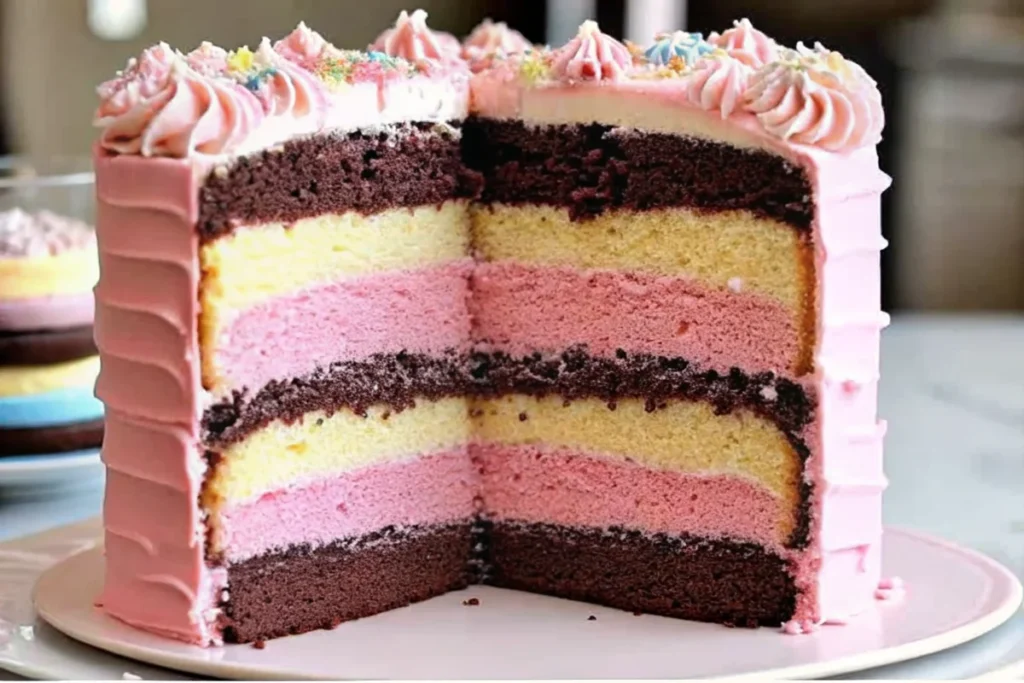 Neapolitan cake with three distinct layers - chocolate, vanilla, and pink strawberry - topped with pink buttercream frosting and colorful sprinkles