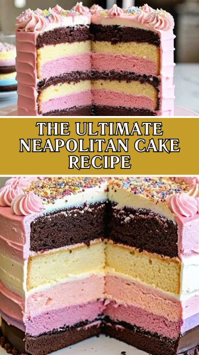 Neapolitan cake with three distinct layers - chocolate, vanilla, and pink strawberry - topped with pink buttercream frosting and colorful sprinkles