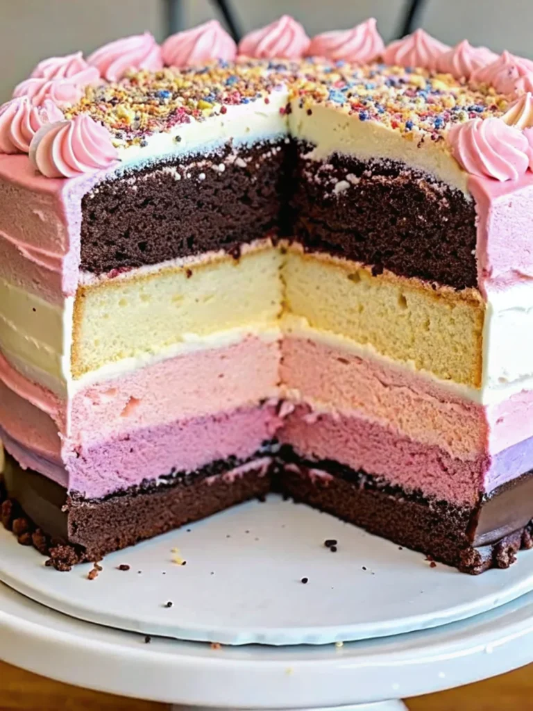 Neapolitan cake with three distinct layers - chocolate, vanilla, and pink strawberry - topped with pink buttercream frosting and colorful sprinkles
