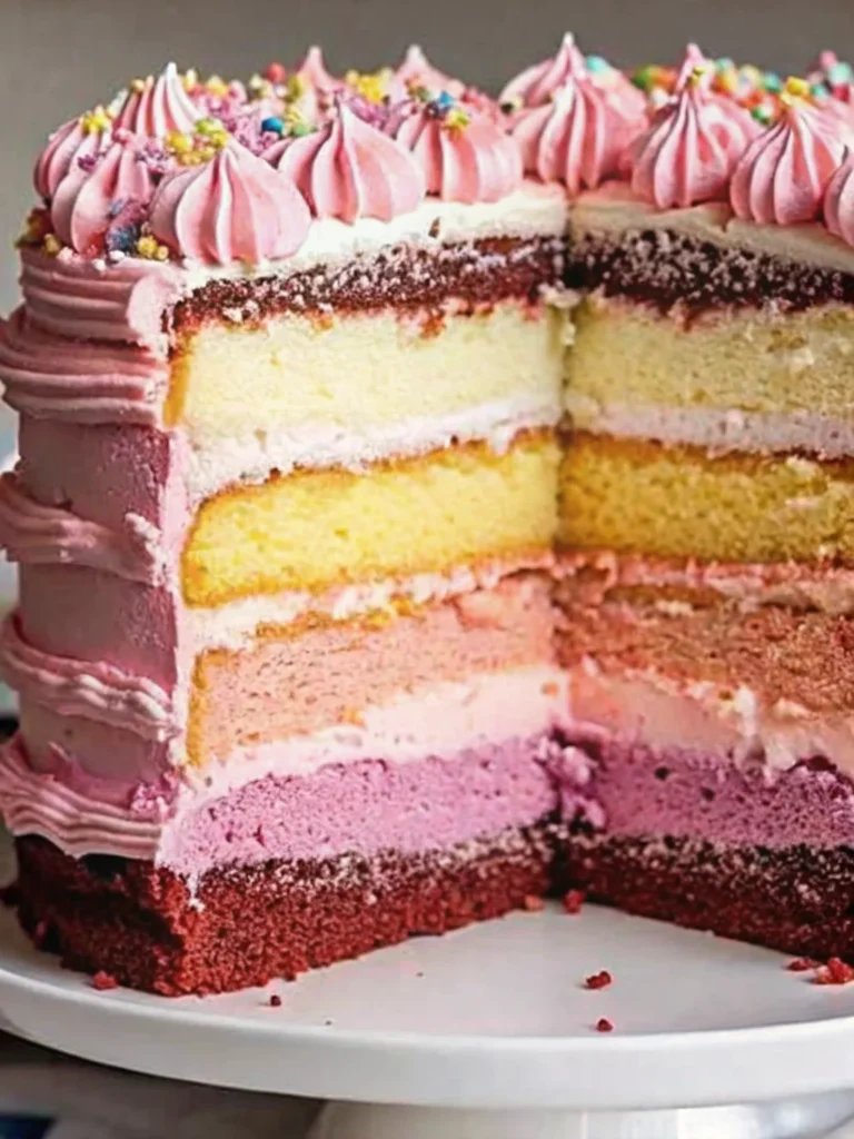 Neapolitan cake with three distinct layers - chocolate, vanilla, and pink strawberry - topped with pink buttercream frosting and colorful sprinkles