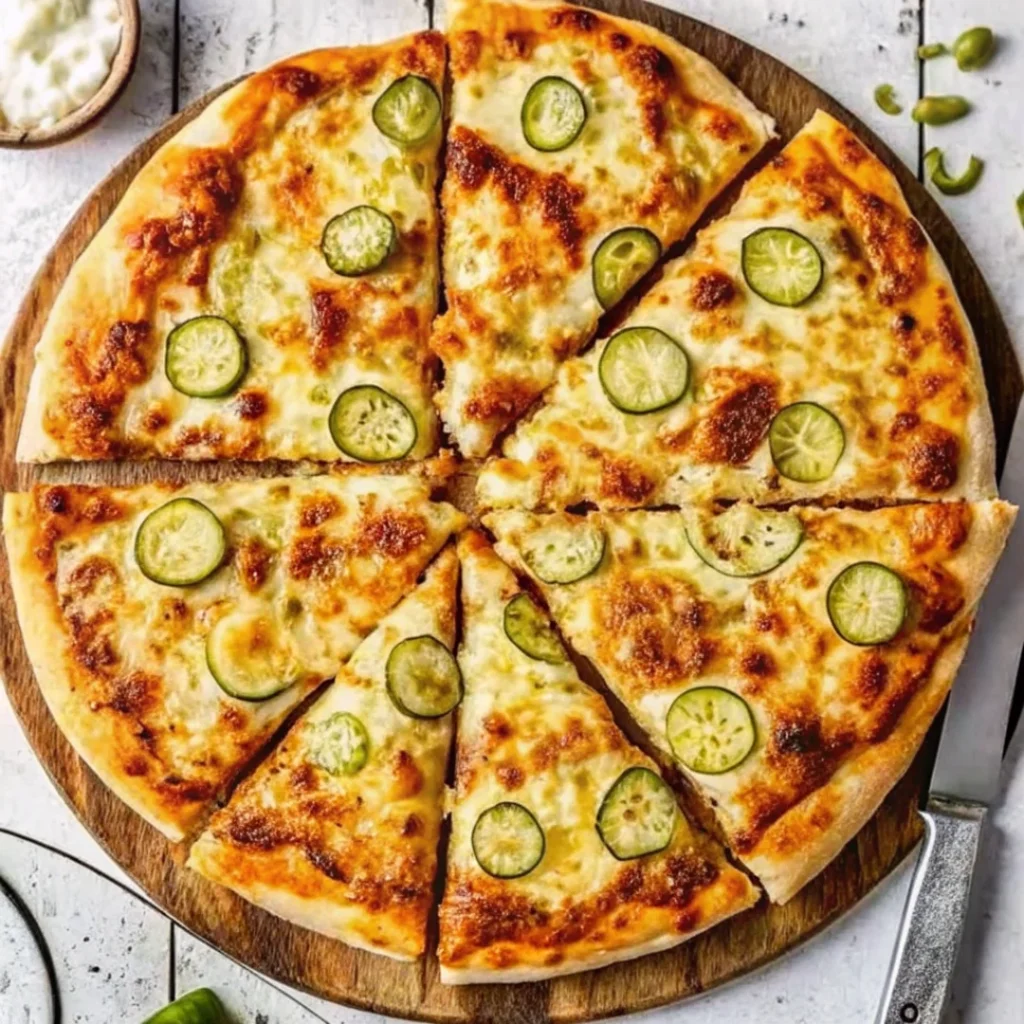 Homemade pickle pizza recipe with dill pickles, melted mozzarella cheese, and creamy garlic sauce on golden crust