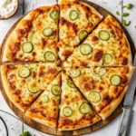 Homemade pickle pizza recipe with dill pickles, melted mozzarella cheese, and creamy garlic sauce on golden crust