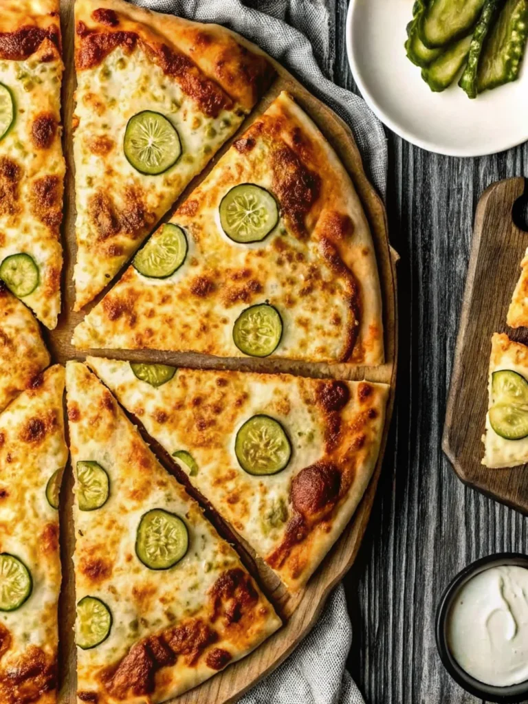 Homemade pickle pizza recipe with dill pickles, melted mozzarella cheese, and creamy garlic sauce on golden crust