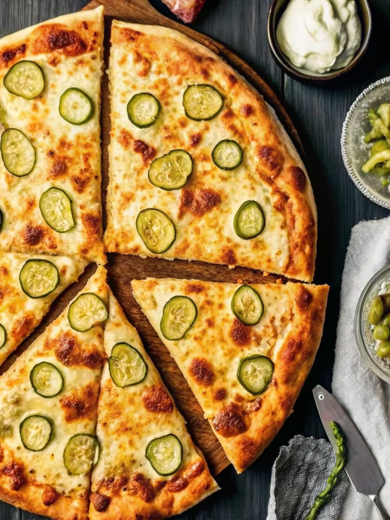 Homemade pickle pizza recipe with dill pickles, melted mozzarella cheese, and creamy garlic sauce on golden crust