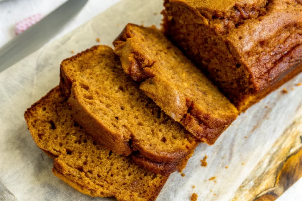 Freshly baked pumpkin bread slices on parchment paper showing moist golden texture and perfect spiced quick bread consistency