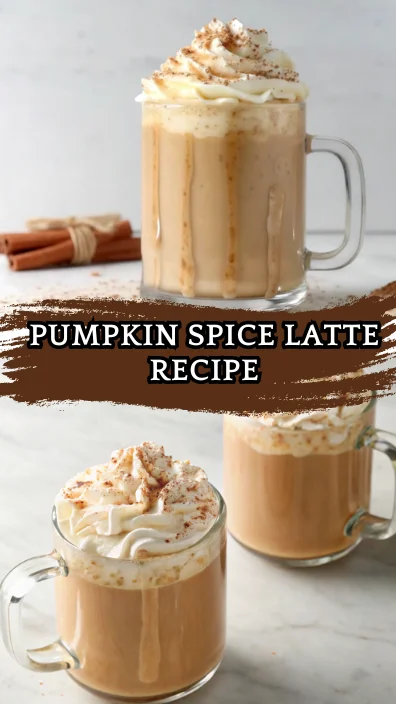 Homemade pumpkin spice latte recipe with whipped cream topping and cinnamon sticks garnish in clear glass mug