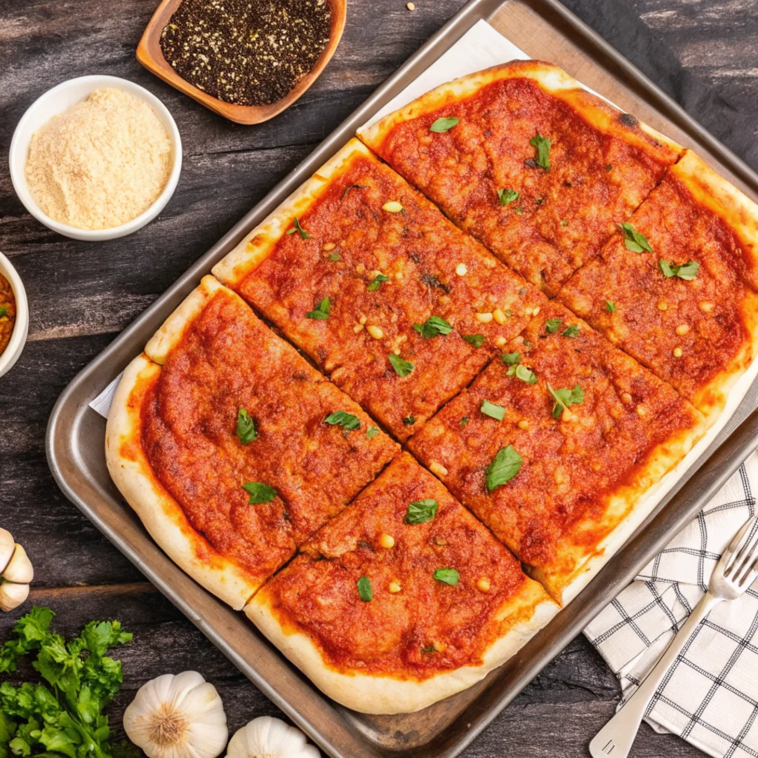 Tomato Pie sliced into squares on a tray, topped with sauce and grated cheese – a popular Utica Italian-American dish.