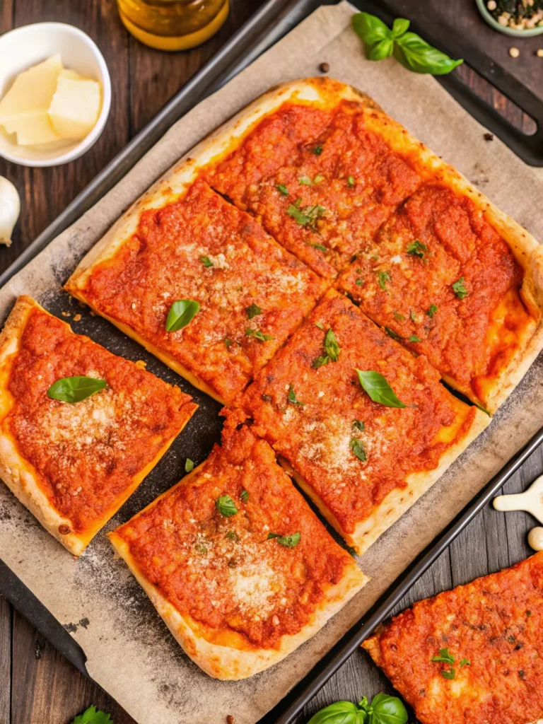 Tomato Pie sliced into squares on a tray, topped with sauce and grated cheese – a popular Utica Italian-American dish.