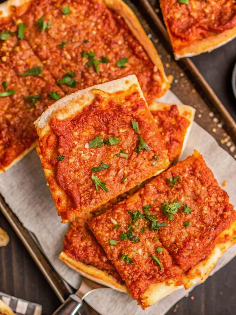 Tomato Pie sliced into squares on a tray, topped with sauce and grated cheese – a popular Utica Italian-American dish.