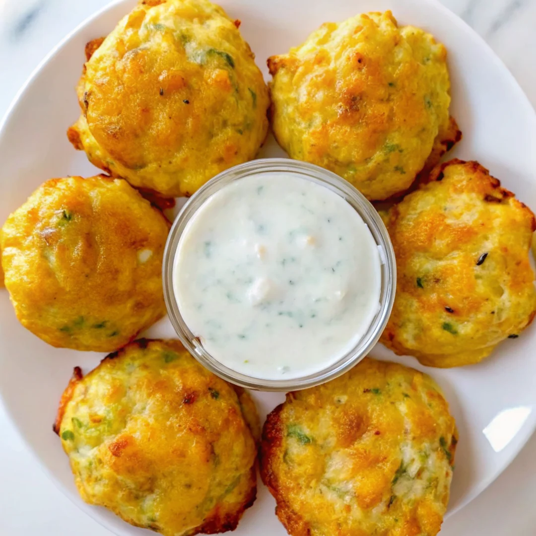 Golden yellow squash tots arranged in a circle on a white plate, served with a creamy garlicky yogurt dip in the center. This yellow squash recipe highlights crispy, cheesy vegetable tots, perfect for a healthy snack or appetizer