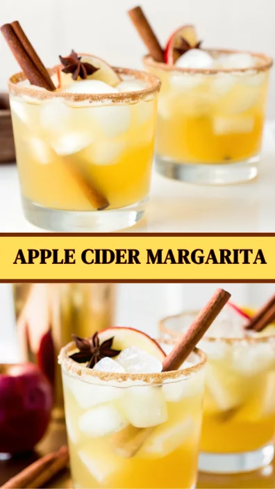 Fall apple cider cocktail with cinnamon stick, star anise, and apple slice garnish in a cinnamon-sugar rimmed glass.