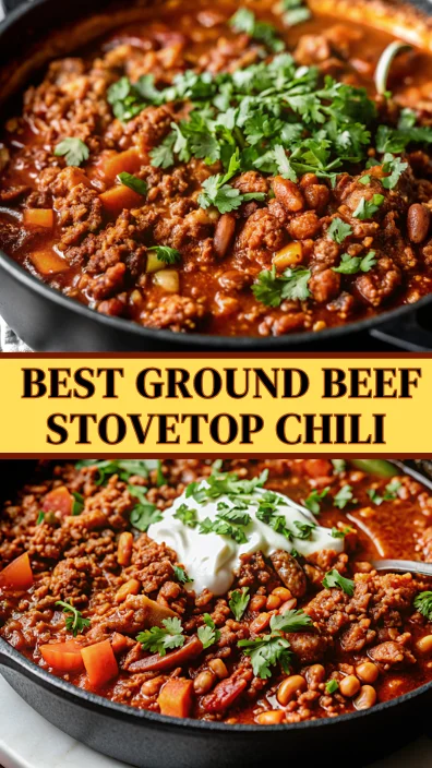 A close-up of a hearty stovetop chili with ground beef, beans, and tomatoes, topped with a dollop of sour cream and fresh cilantro.