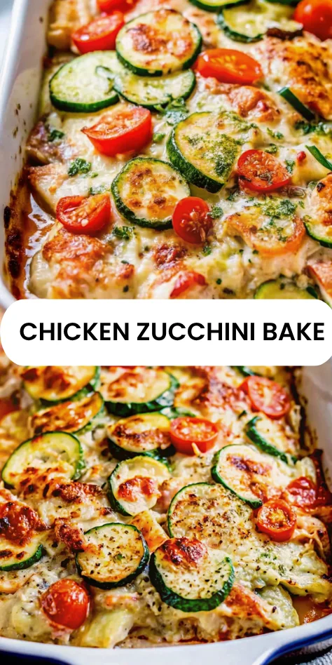 Baked Mediterranean chicken zucchini casserole with cherry tomatoes and cheese in a white dish