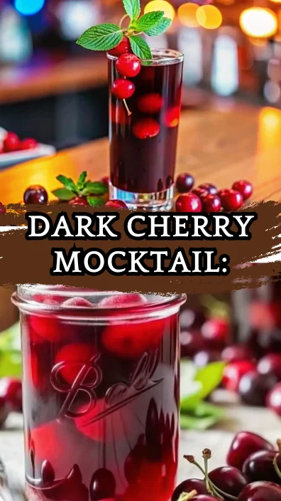 A glass mason jar filled with a deep red dark cherry mocktail, garnished with whole dark cherries and surrounded by fresh cherries on a rustic wooden table.