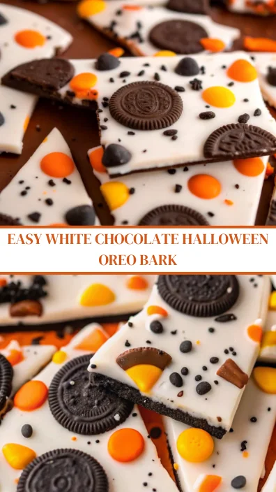 Festive Halloween white chocolate bark topped with Halloween Oreos, Reese’s Pieces, and colorful orange and black sprinkles, arranged in broken pieces on a baking sheet.