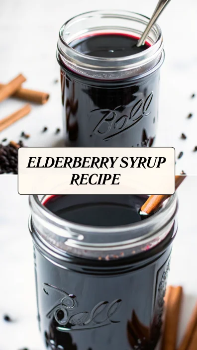 Dark purple elderberry syrup in a glass Mason jar with a spoon and cinnamon sticks scattered nearby