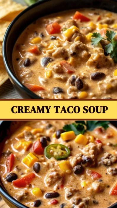 Creamy taco soup with ground beef, black beans, corn, diced tomatoes, and fresh cilantro garnish.