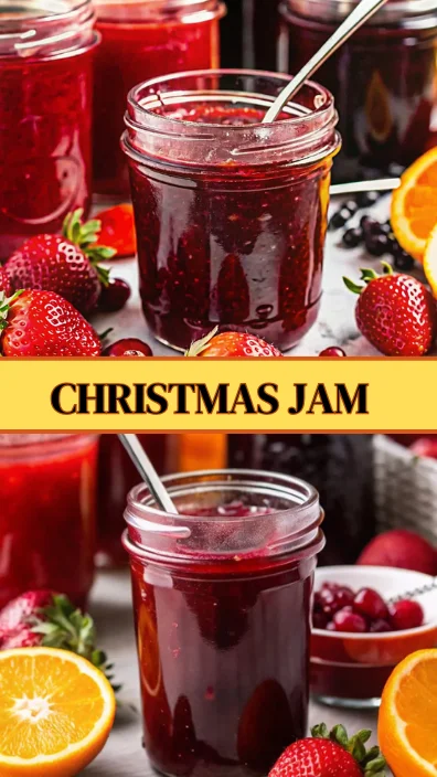 vibrant image showcasing homemade Christmas Jam in glass jars, surrounded by fresh strawberries, cranberries, and slices of orange. The jam has a rich, deep red color, suggesting a blend of strawberries and cranberries, with an emphasis on the festive, homemade quality of the product.