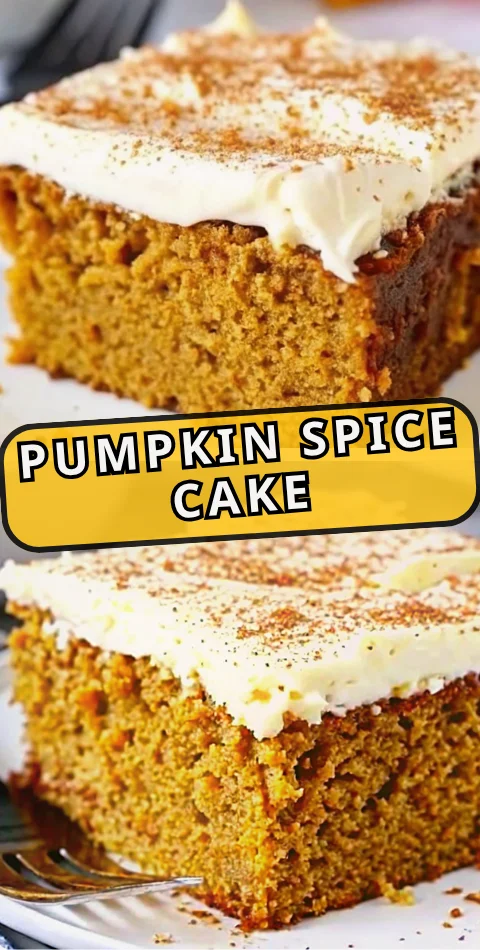 A moist slice of pumpkin spice cake topped with creamy cream cheese frosting and a sprinkle of cinnamon, served on a white plate.
