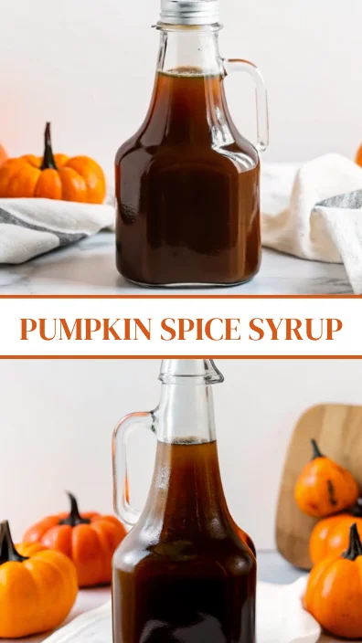 A glass bottle filled with homemade pumpkin spice syrup, surrounded by small pumpkins and kitchen towels, perfect for autumn-inspired recipes.